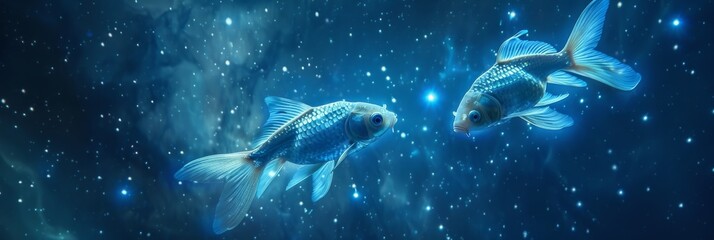 Pisces Zodiac Sign, Fish Horoscope Symbol, Two Magic Astrology Fishes, Pisces in Fantastic Night Sky