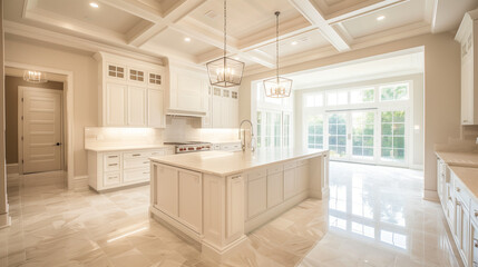 Poster - Beautiful luxury modern kitchen with white cabinets, island and marble floors in an elegant home. Bright natural light fills the room from large windows. A grand coffered ceiling adds to its elegance.