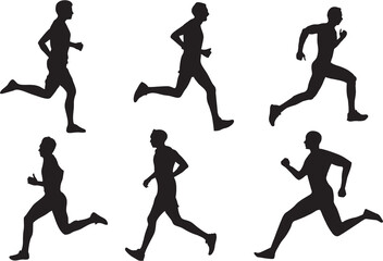 Running men, Runner silhouette set of sprinters, runners and joggers running track or jogging. Male athletes racing in high HD resolution. Race competition poster, banner, flyer or sticker idea.