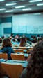 © Studium L&M - University students attentively seated in a lecture hall with contemporary lighting and focus on education.
