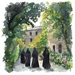 © Watercolor_Kawaii - A lovely watercolor painting portrays a group of nuns walking through a quiet convent garden, Clipart minimal watercolor isolated on white background
