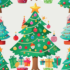 Sticker - A Christmas tree with many ornaments and gifts underneath it. The tree is decorated with a star on top and a ribbon around the trunk