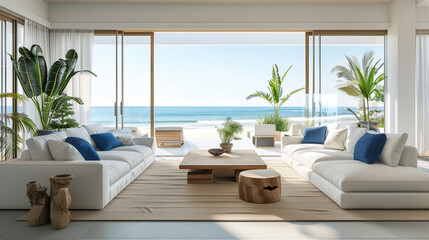 Poster - A bright and airy living room with white sofas, blue accents, and a wooden coffee table situated on the beach in front of large windows overlooking the ocean. Tropical plants add color to the space, c