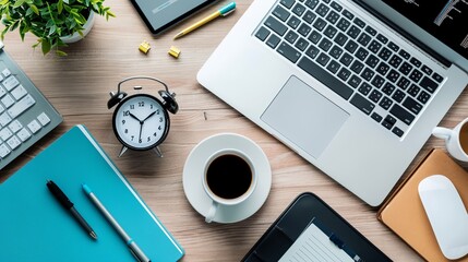 Wall Mural - a desk with a laptop, a clock, a cup of coffee, a tablet and a pen and a cup of coffee..