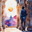 Fantasy watercolor illustration with a man walking into a light portal.