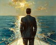 a sophisticated oil painting of a wealthy executive looking out from a luxury yacht