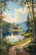 a serene lakeside scene with a distant cabin surrounded by lush forests Include a winding path leading to it