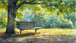 A tranquil watercolor painting captures an empty park bench beside a tree, evoking a sense of calm and solitude.