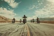 Group of people riding motorcycles down a road. Suitable for travel and adventure concepts