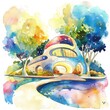 A watercolor painting shows a futuristic healing center where light and sound therapies cure illnesses