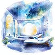 A watercolor painting shows a futuristic healing center where light and sound therapies cure illnesses