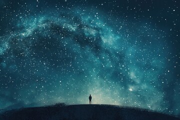Wall Mural - A person standing on top of a hill under a sky full of stars. Suitable for various outdoor themes