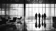 © Erika - empresarios caminando en la oficina moderna y minimalista hacia junta de negocios ejecutivos en un corporativo con ventanal
