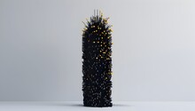 A Tall Sculpture Made Of Black Nails, With Yellow Nails In The Center On A White Background, A 3D Rendered Side View At 45 Degrees, In The Style Of A Minimal Concept Studio, With Soft Light, Showing 