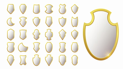 Wall Mural - Set of realistic golden heraldic shields. Glass and glossy shield collection. Vector illustration.