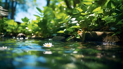 A beautiful flower floating in a pond, surrounded by vibrant green plants 