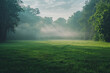 A serene background depicting a soft morning fog over a lush green meadow, creating a peaceful and calming effect.