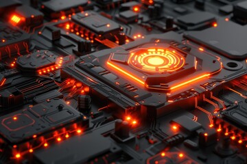Poster - Close-up of a circuit board with glowing red lights. Perfect for technology and innovation concepts