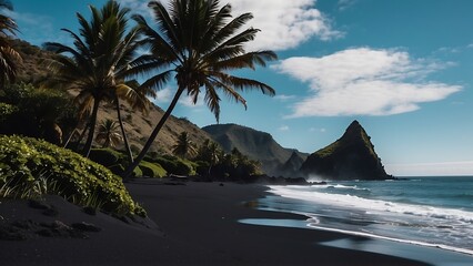 Wall Mural - black sand beach with palm trees and waves at sunset