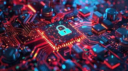 Poster - Close up of a circuit board with a padlock, suitable for technology and security concepts