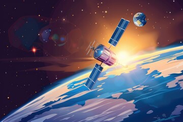 Poster - Satellite orbiting in space with Earth in the background. Suitable for technology and space exploration concepts