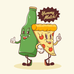 Groovy Pizza and Beer Retro Characters Label. Cartoon Slice and Bottle Walking Smiling Vector Food Mascot Template. Happy Vintage Cool Fast Food Illustration with Typography Isolated