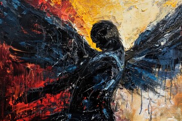 A painting of a black angel with a red and yellow background. Ideal for dark-themed projects