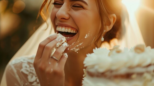 Close-Up of Laughing Bride Delving into Cake