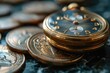 Close-up of an ornate pocket watch nestled among various coins conveys a concept of time and wealth with a feel of antiquity and rarity