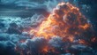 A dramatic and powerful image of a dense cloud formation with a fiery, glowing core resembling an explosion, depicting beauty in chaos