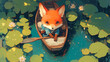 A fox sailing on a boat in a lotus pond