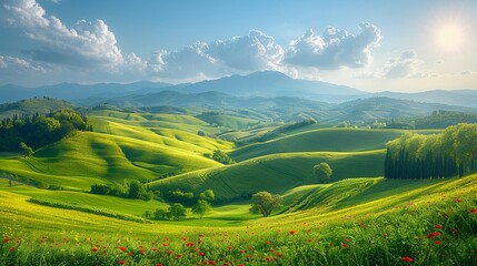 A scenic countryside landscape with rolling hills and open fields