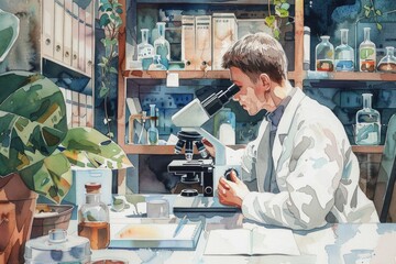 Poster - A man examining something under a microscope. Suitable for scientific concepts