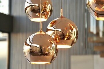 A collection of modern streamlined mirror copper chandeliers, each featuring unique designs and sleek aesthetics