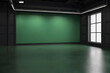 Photo and video studio with black walls, glass windows, black polished concrete floor, dark green backdrop, created with AI, generative AI