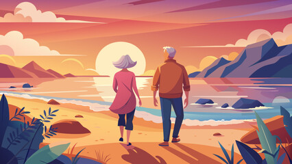 Wall Mural - Senior Couple Enjoying Sunset at Scenic Beach