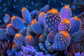 Aufkleber - Peyote cactus with vibrant, swirling patterns glowing under a starlit sky,