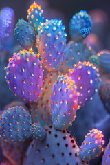 Poster - A cluster of peyote cacti, each glowing with different fluorescent colors,