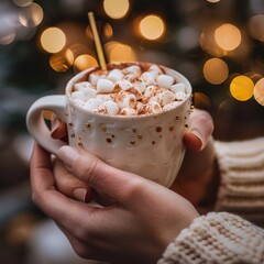 Wall Mural - Cocoa cup with marshmallows, wafer sticks. Chocolate drink in hands closeup, holiday winter dessert