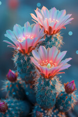 Poster - Ethereal peyote cacti with shimmering trails of color, as if moving through dimensions,