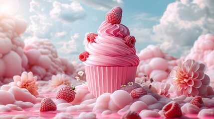 Pink Cupcake Surrounded by Flowers and Clouds. Generative AI