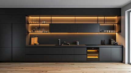 a modern kitchen adorned with sleek black cabinets, a light wood floor, and minimalist white walls, enhanced by wall lighting strips illuminating open shelving and a dark gray backdrop.