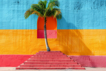 Aufkleber - Tropical Geometry: Palm Tree Rising from a Colorful Pyramid,
