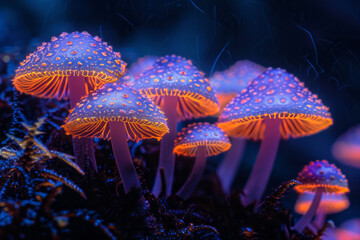Aufkleber - Hallucinogenic mushrooms with caps that spiral into fractal patterns, glowing under a black light,