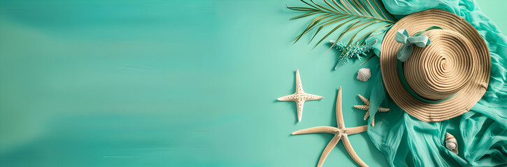Tropical beach cover-up web banner. Trendy beach cover-up isolated on green background with copy space.