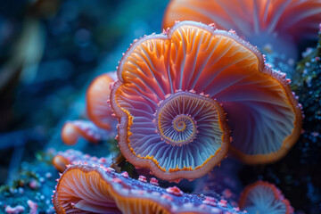 Fototapete - Hallucinogenic mushrooms growing in a spiral, each layer transitioning through a spectrum of neon colors,