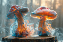 Mushrooms That Have Transformed Into Glass Sculptures, Transparent And Filled With Swirling Colored Smoke,