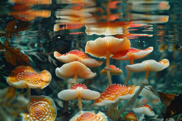 Fototapete - Mushrooms with surfaces that ripple like water when touched, colors shifting with the motion,
