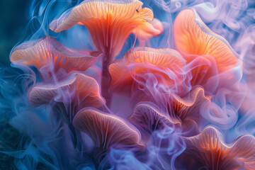 Aufkleber - Mushrooms that have transformed into glass sculptures, transparent and filled with swirling colored smoke,