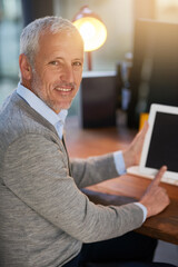 Aufkleber - Business, man and portrait on tablet in office with light, idea or review for company. Male consultant, technology and hand at workplace for career in web design, creative or manager with smile